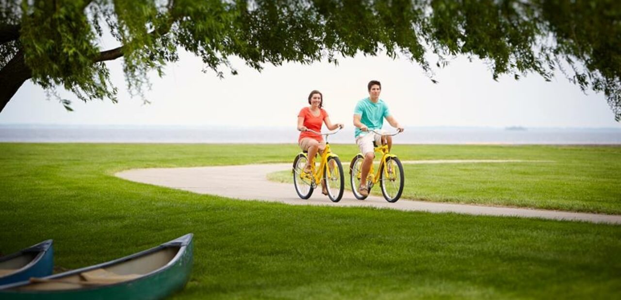 A couple biking