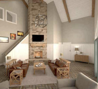 Living room with a large fireplace