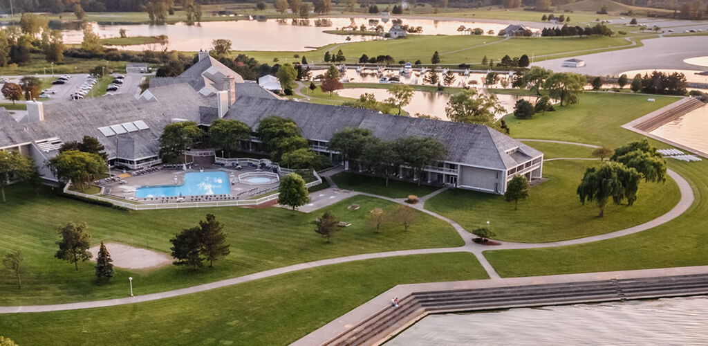Aerial view of the lodge with the outdoor pool