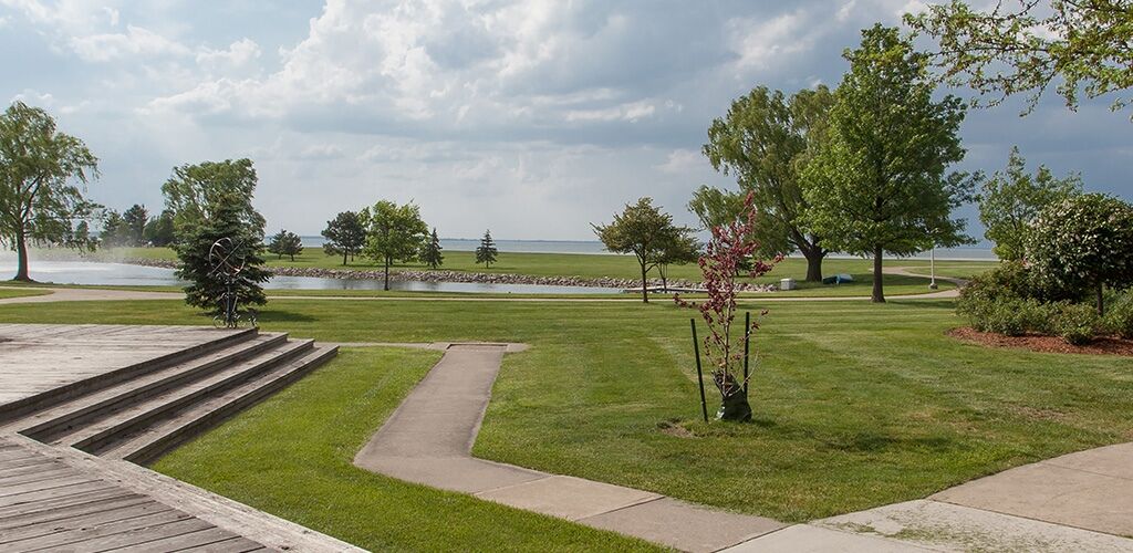 Wooden walking path by the lake